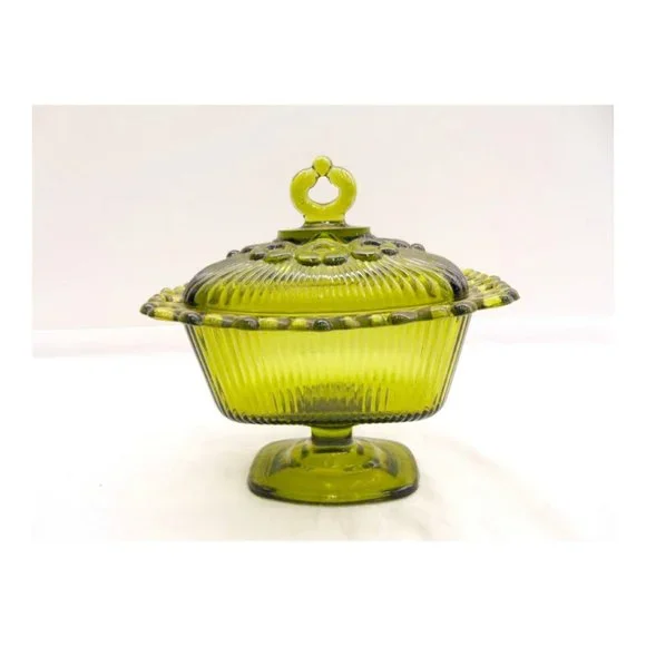 vintage Green Glass Open Lace Edge Candy Dish Compote - Picture 4 of 4